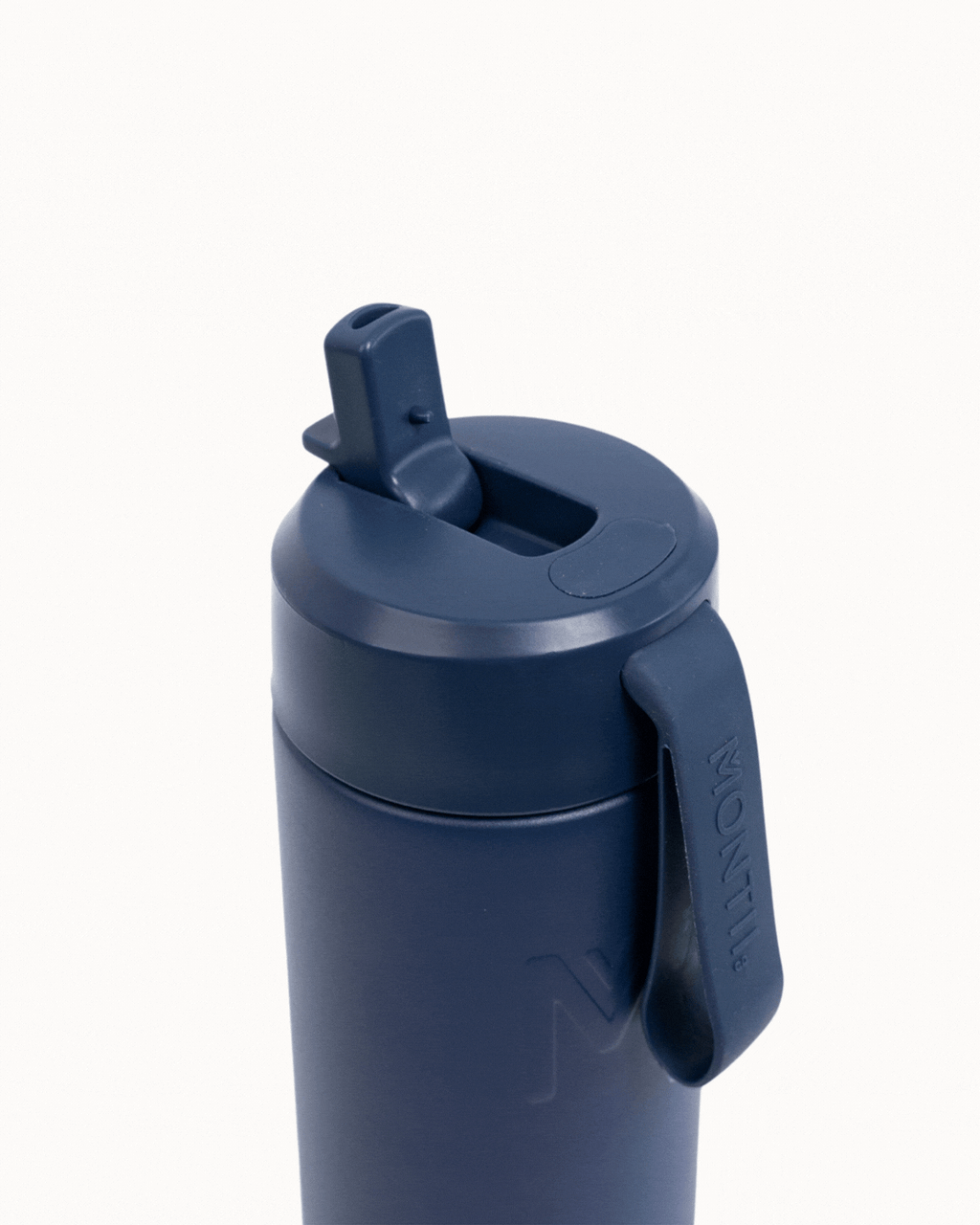 MontiiCo 475ml Fusion Drink Bottle in Navy, lid removed showing the sipper straw